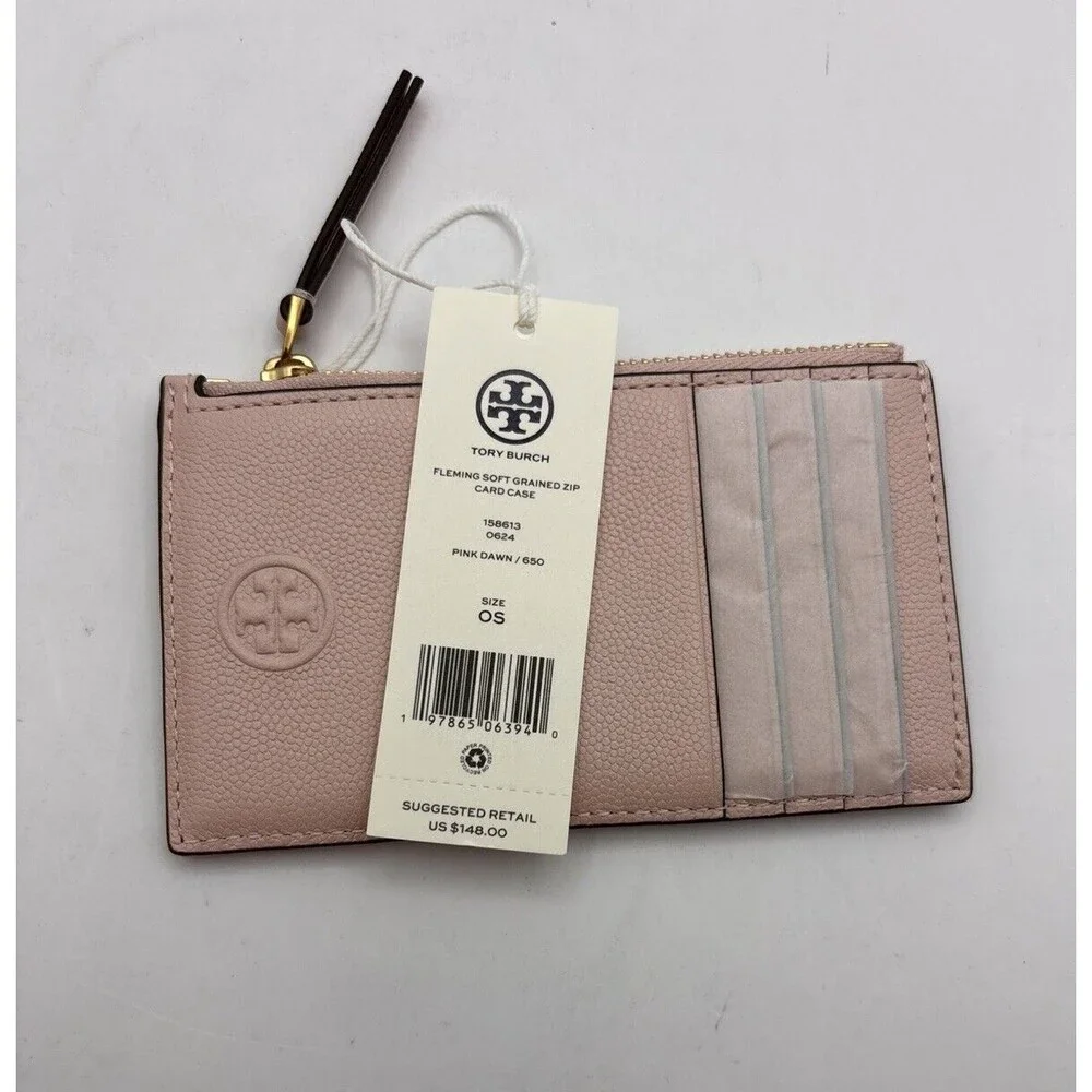 Tory Burch fleming soft grained zip card case Color Pink Dawn New w/tag $148